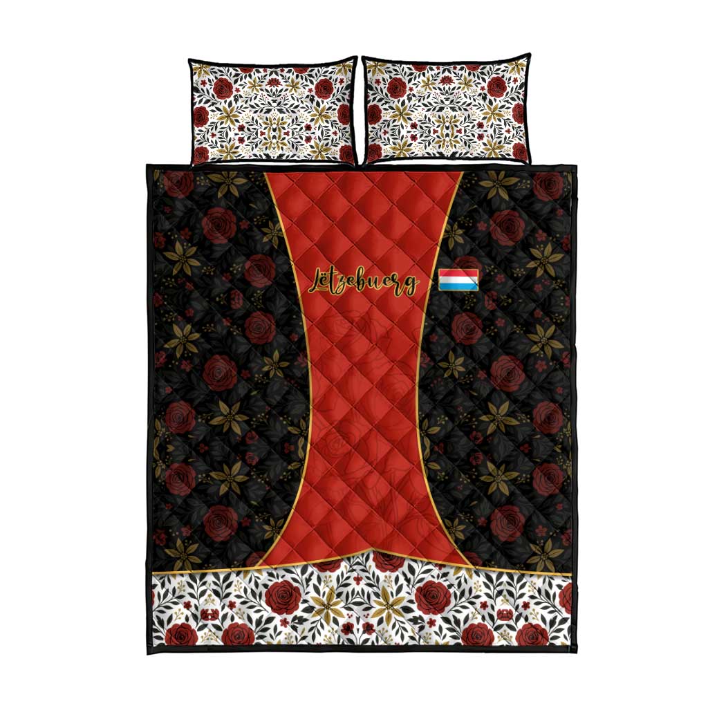 Luxembourg Quilt Bed Set with Floral Folk Embroidery and Red Black Pattern Design