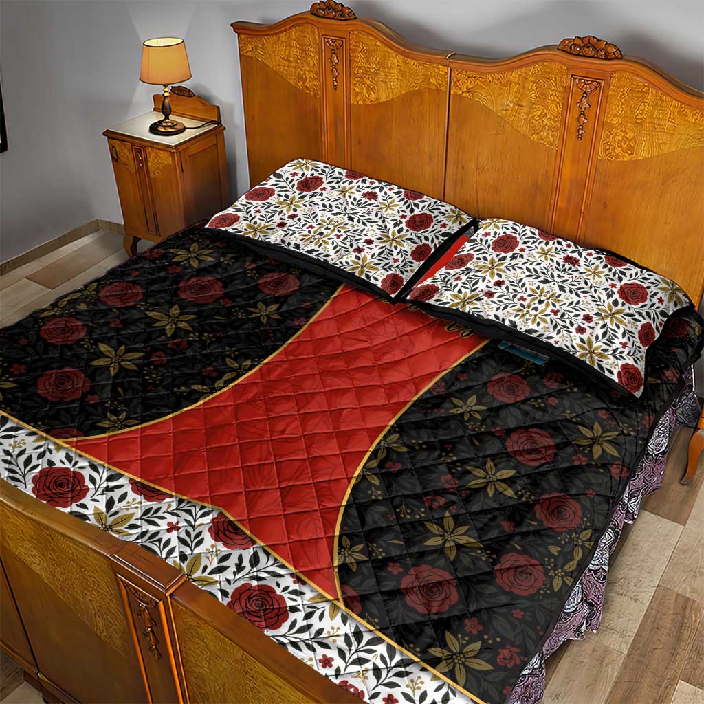Luxembourg Quilt Bed Set with Floral Folk Embroidery and Red Black Pattern Design