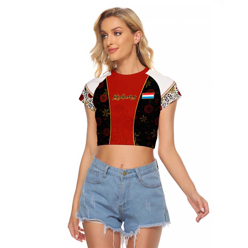 Luxembourg Raglan Cropped T Shirt with Floral Folk Embroidery and Red Black Pattern Design