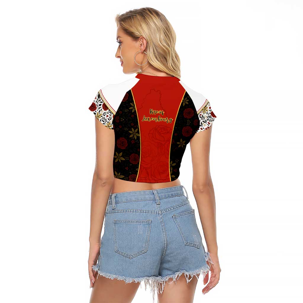 Luxembourg Raglan Cropped T Shirt with Floral Folk Embroidery and Red Black Pattern Design