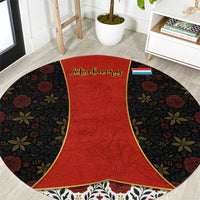 Luxembourg Round Carpet with Floral Folk Embroidery and Red Black Pattern Design