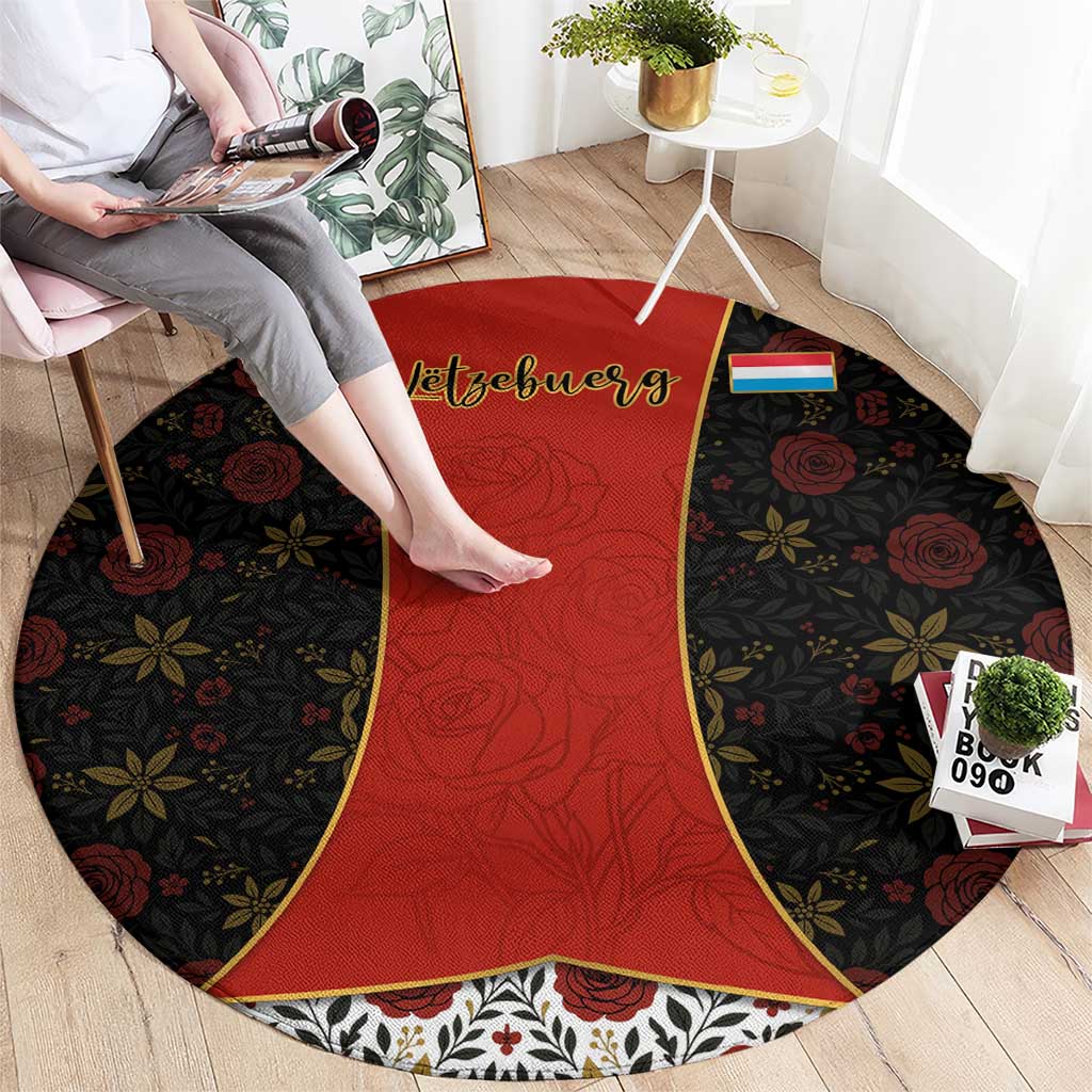 Luxembourg Round Carpet with Floral Folk Embroidery and Red Black Pattern Design