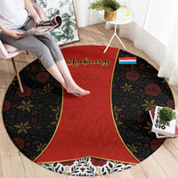 Luxembourg Round Carpet with Floral Folk Embroidery and Red Black Pattern Design