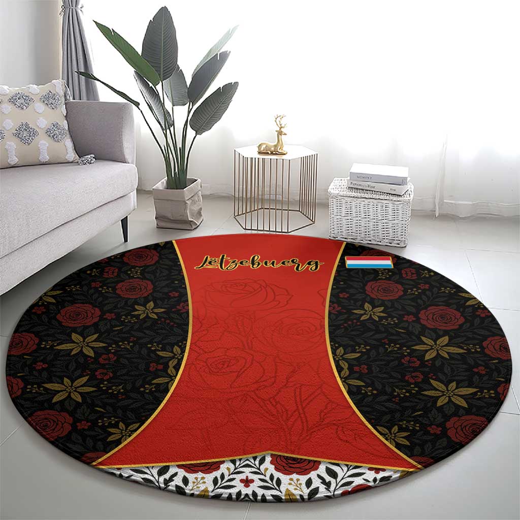 Luxembourg Round Carpet with Floral Folk Embroidery and Red Black Pattern Design