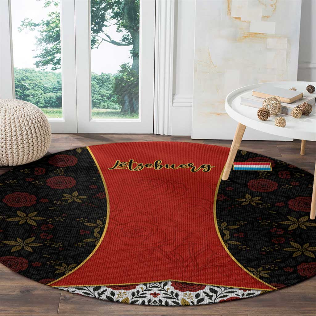 Luxembourg Round Carpet with Floral Folk Embroidery and Red Black Pattern Design
