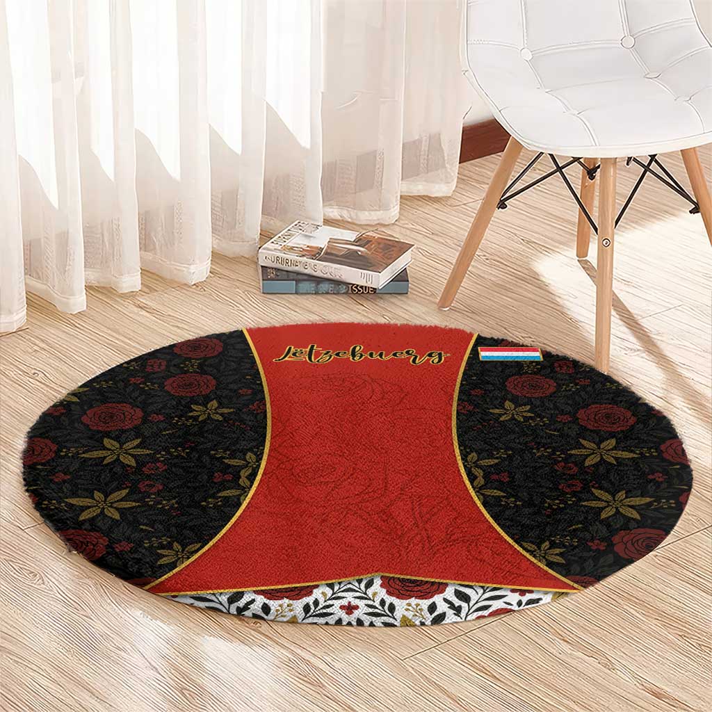 Luxembourg Round Carpet with Floral Folk Embroidery and Red Black Pattern Design