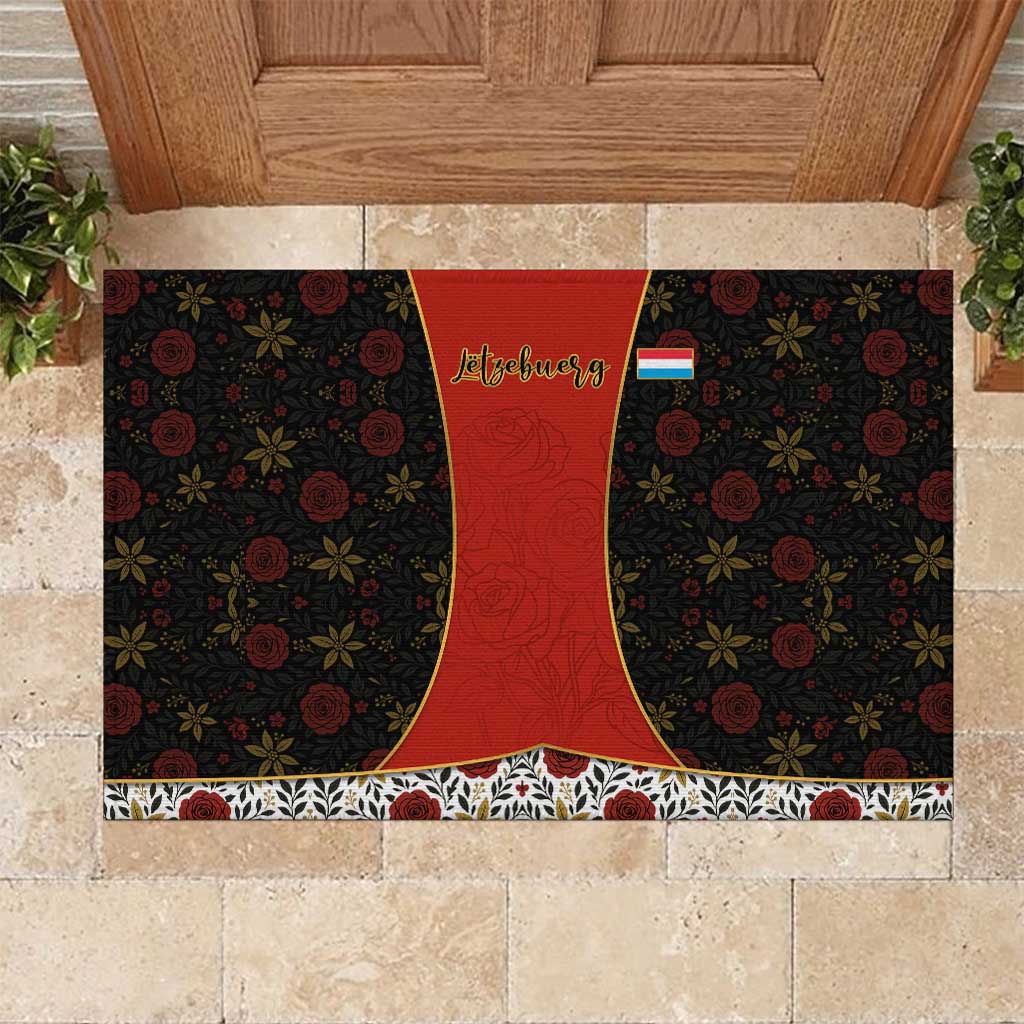 Luxembourg Rubber Doormat with Floral Folk Embroidery and Red Black Pattern Design