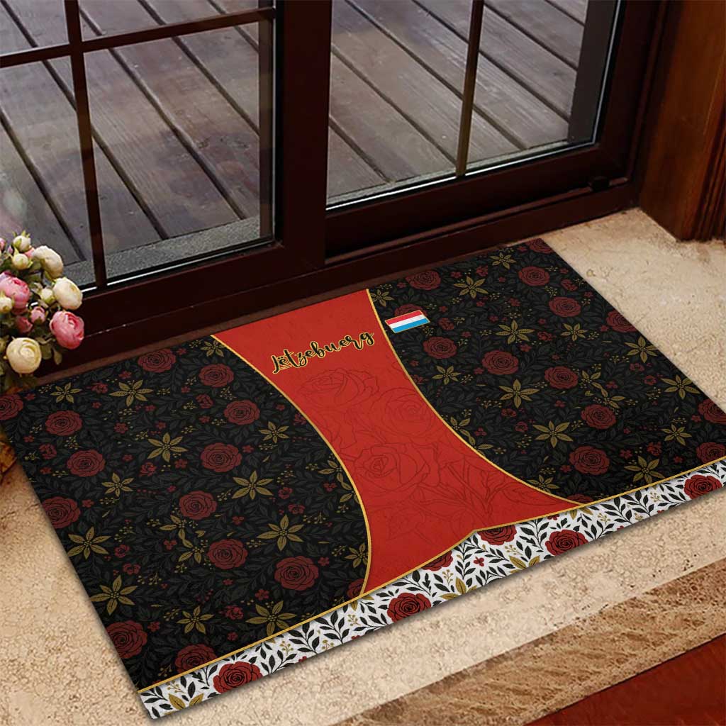 Luxembourg Rubber Doormat with Floral Folk Embroidery and Red Black Pattern Design