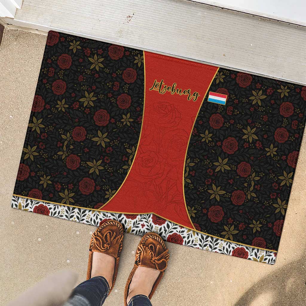 Luxembourg Rubber Doormat with Floral Folk Embroidery and Red Black Pattern Design