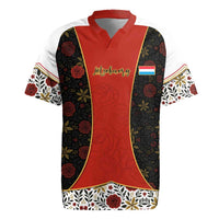 Luxembourg Rugby Jersey with Floral Folk Embroidery and Red Black Pattern Design