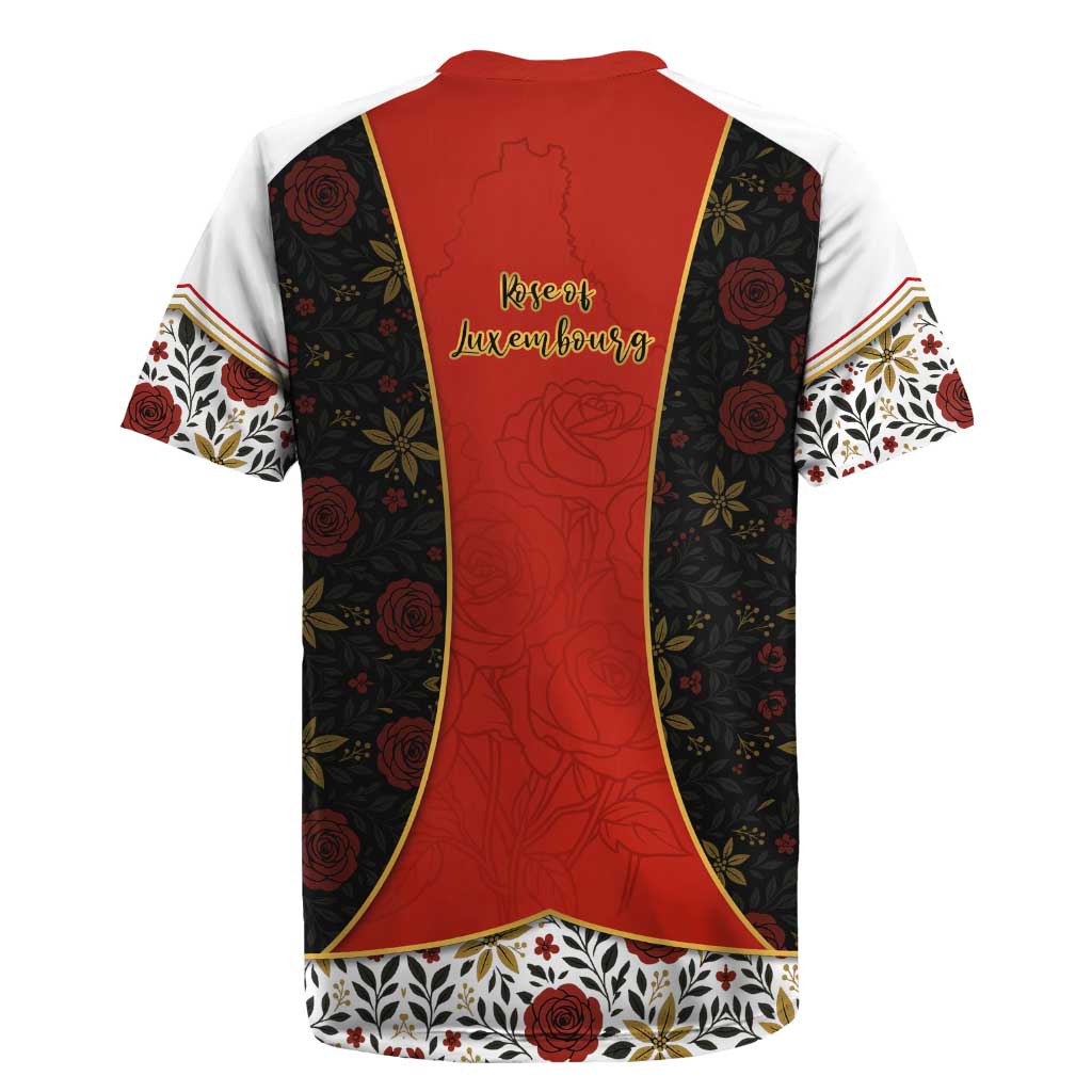 Luxembourg Rugby Jersey with Floral Folk Embroidery and Red Black Pattern Design