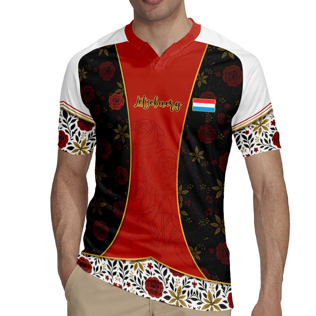 Luxembourg Rugby Jersey with Floral Folk Embroidery and Red Black Pattern Design