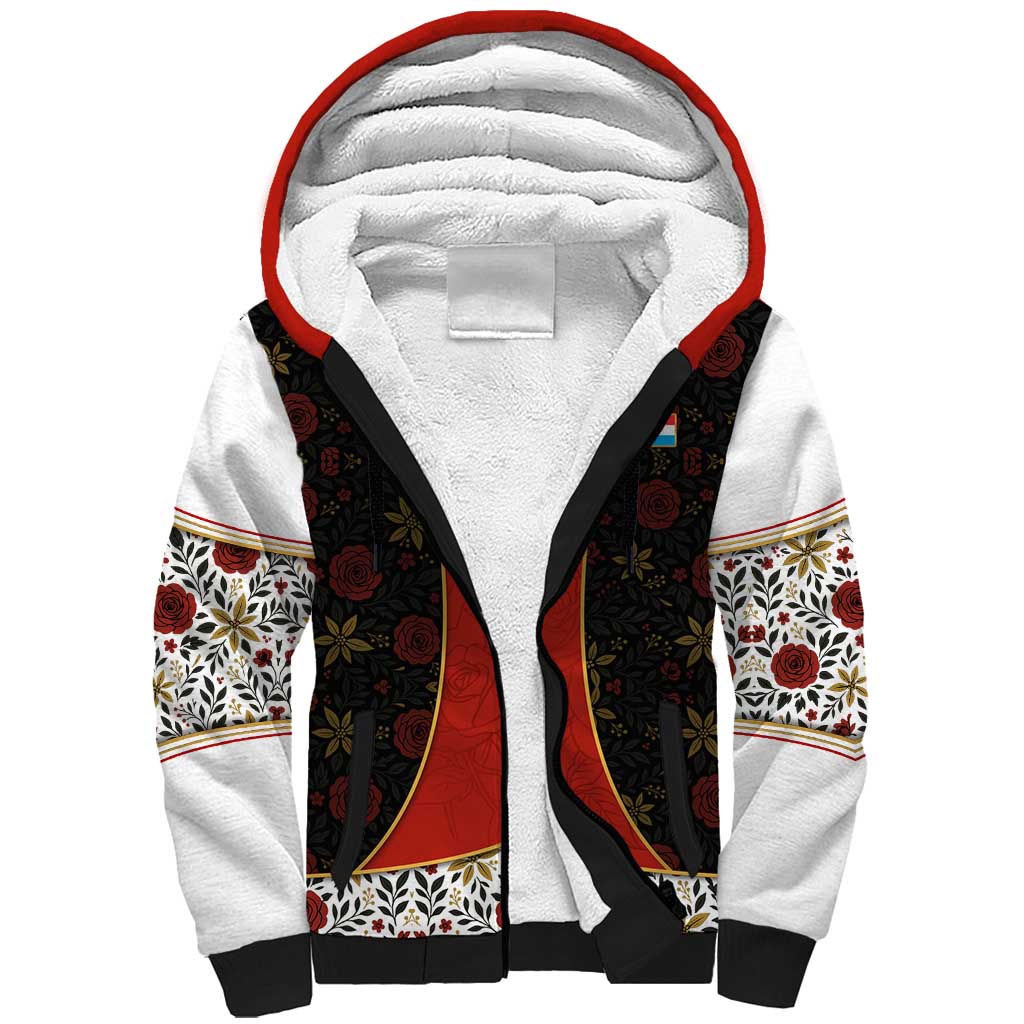 Luxembourg Sherpa Hoodie with Floral Folk Embroidery and Red Black Pattern Design