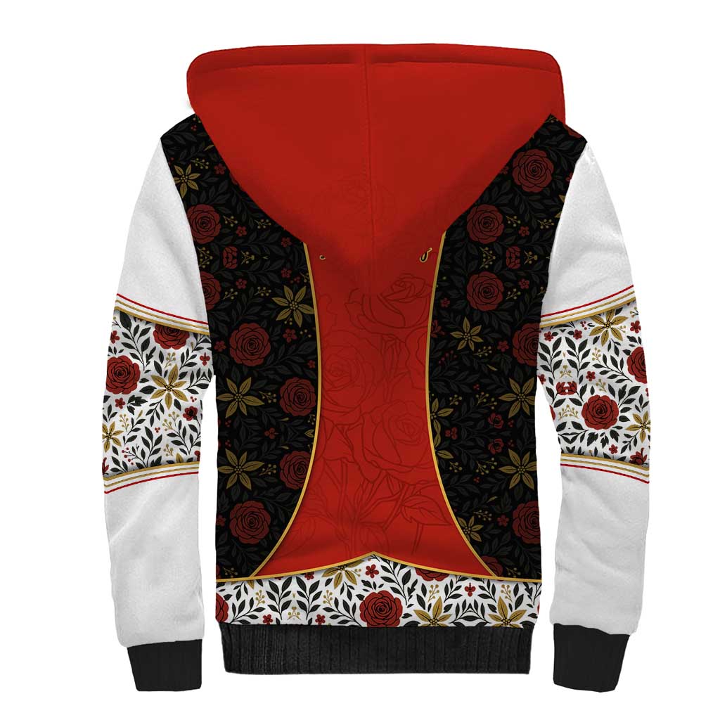Luxembourg Sherpa Hoodie with Floral Folk Embroidery and Red Black Pattern Design