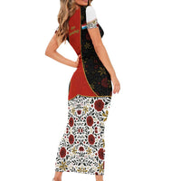 Luxembourg Short Sleeve Bodycon Dress with Floral Folk Embroidery and Red Black Pattern Design