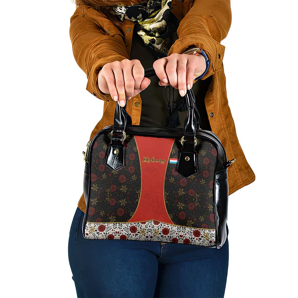 Luxembourg Shoulder Handbag with Floral Folk Embroidery and Red Black Pattern Design