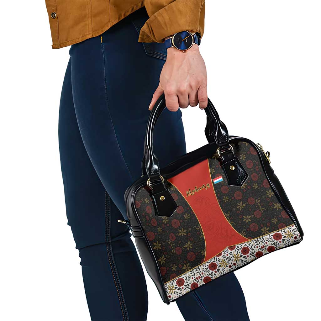 Luxembourg Shoulder Handbag with Floral Folk Embroidery and Red Black Pattern Design