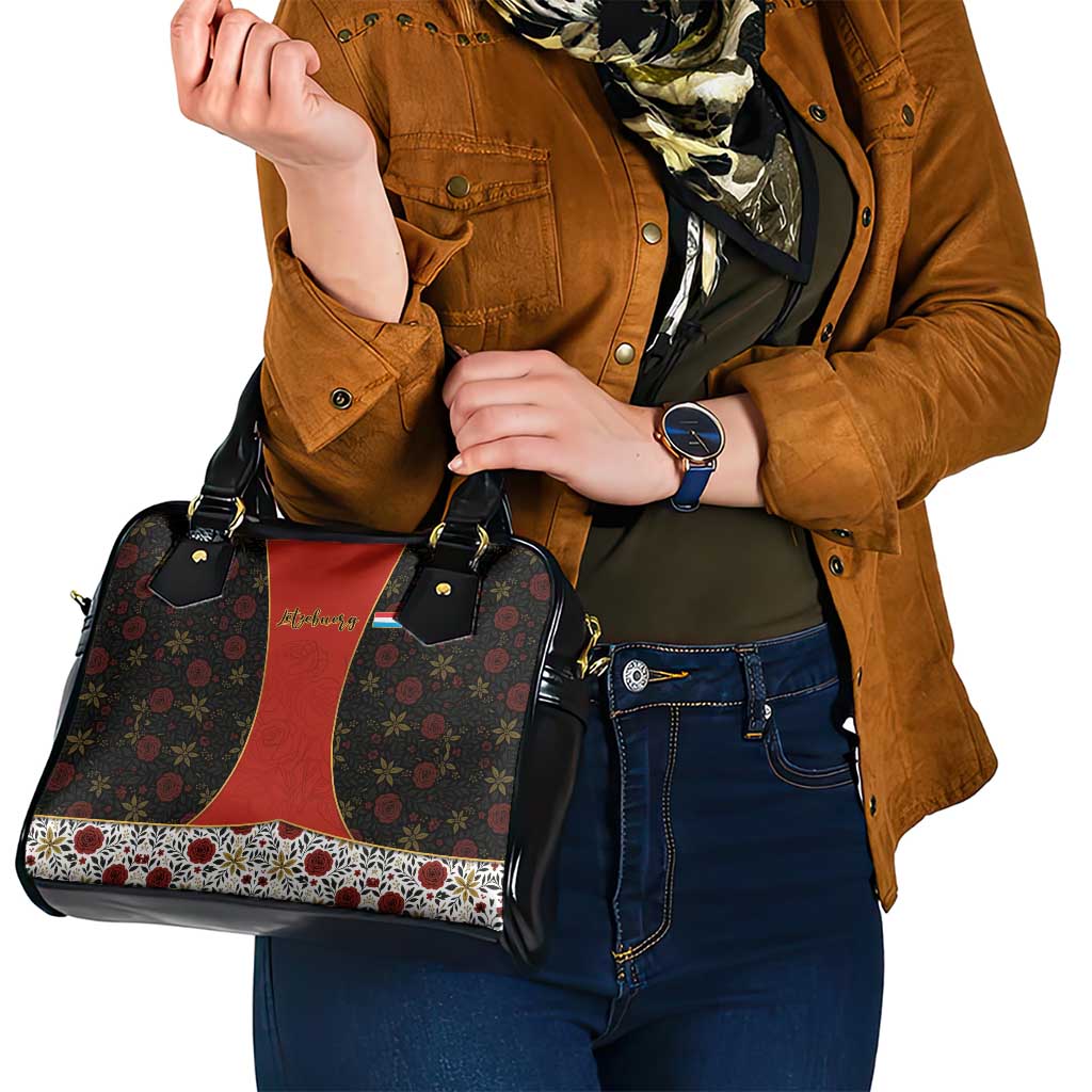 Luxembourg Shoulder Handbag with Floral Folk Embroidery and Red Black Pattern Design