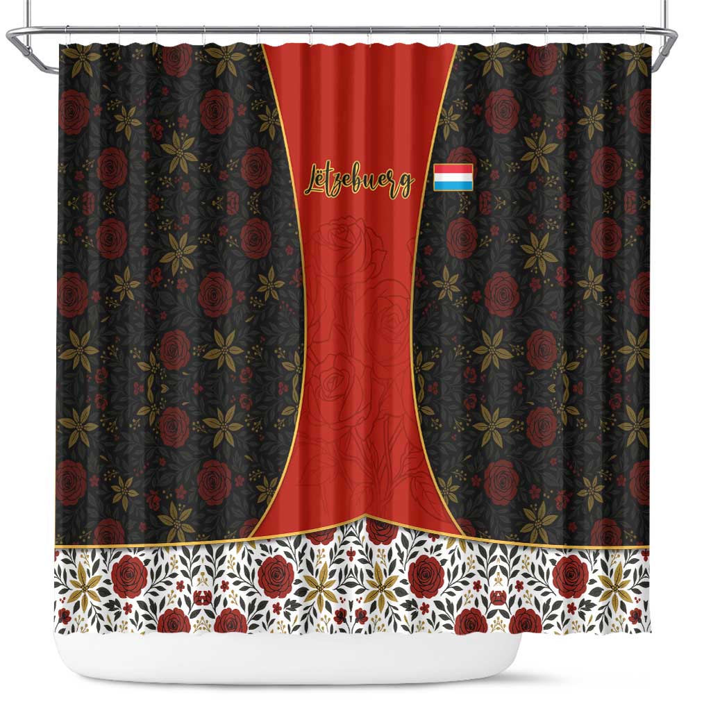 Luxembourg Shower Curtain with Floral Folk Embroidery and Red Black Pattern Design