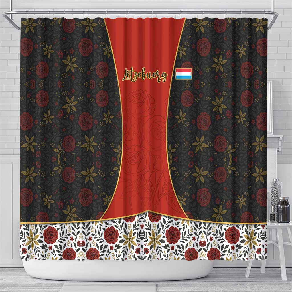 Luxembourg Shower Curtain with Floral Folk Embroidery and Red Black Pattern Design