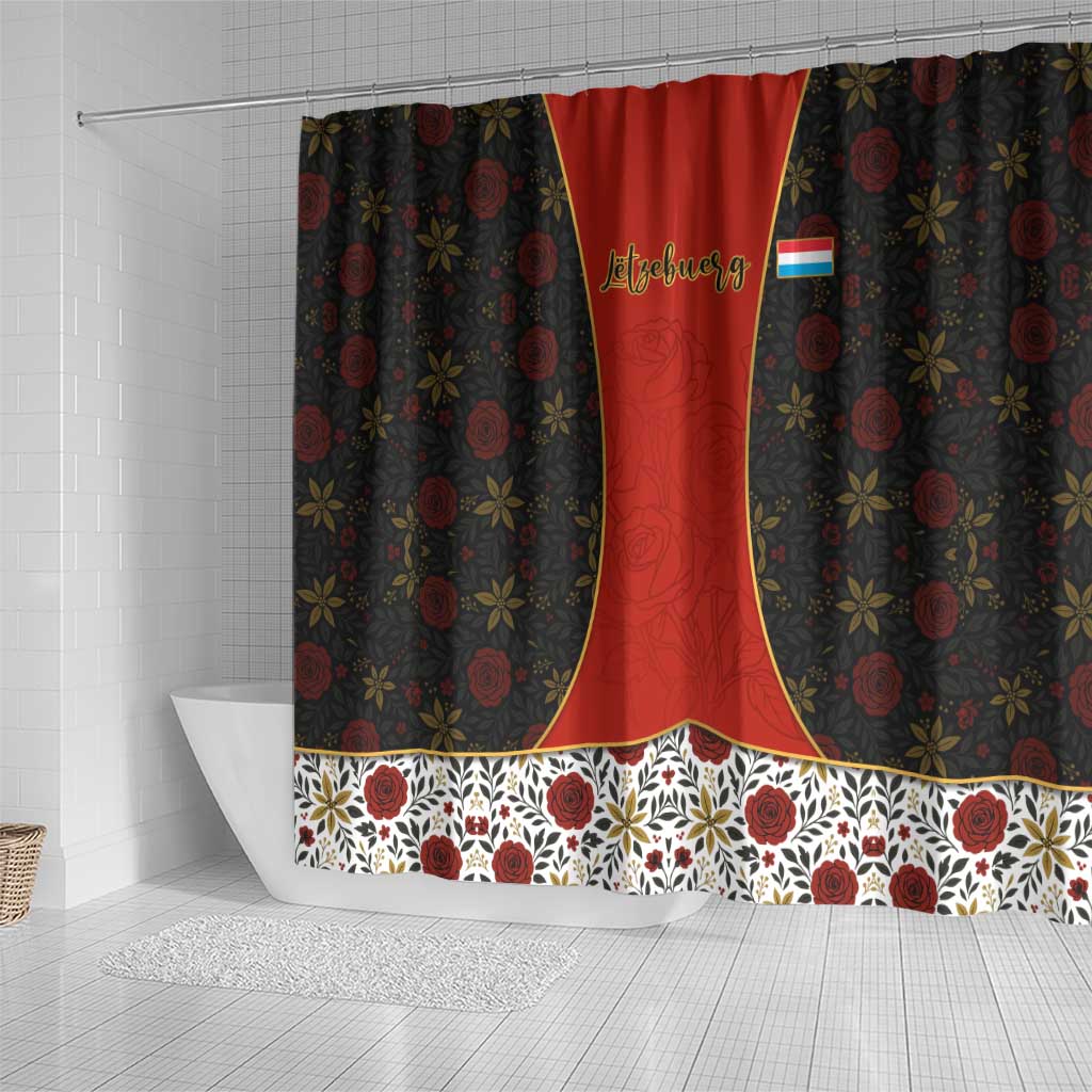 Luxembourg Shower Curtain with Floral Folk Embroidery and Red Black Pattern Design