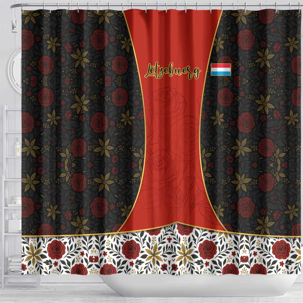 Luxembourg Shower Curtain with Floral Folk Embroidery and Red Black Pattern Design