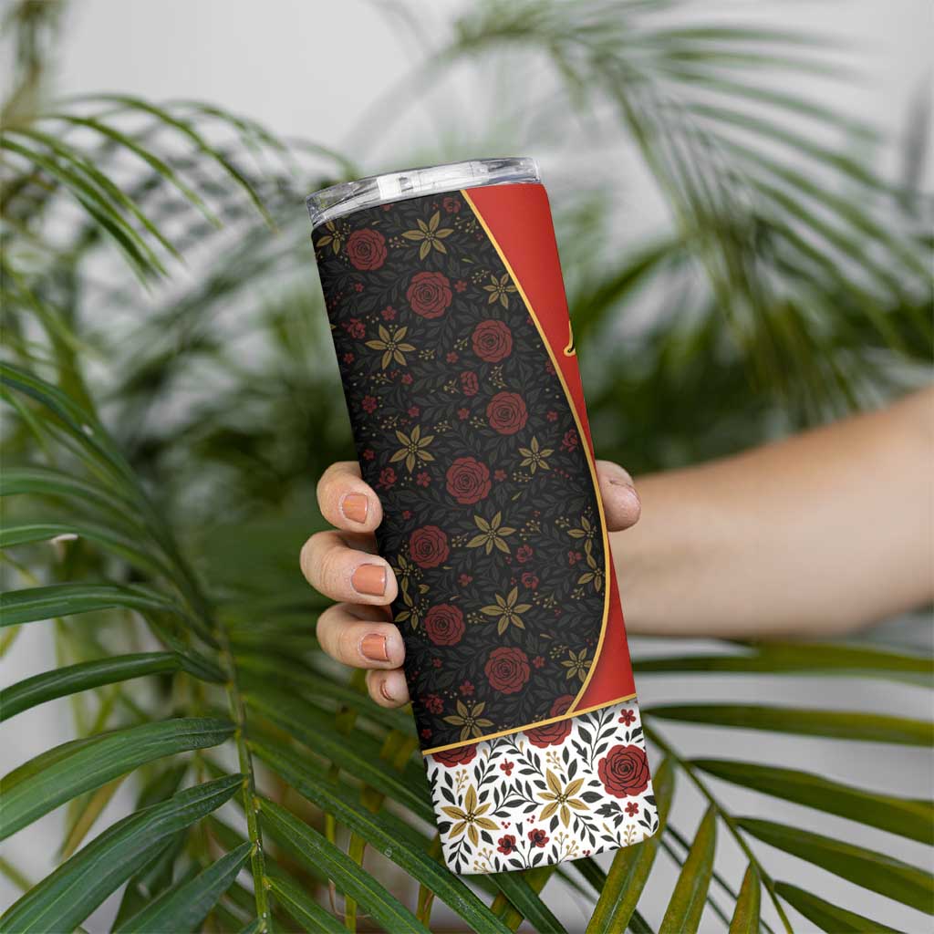 Luxembourg Skinny Tumbler with Floral Folk Embroidery and Red Black Pattern Design