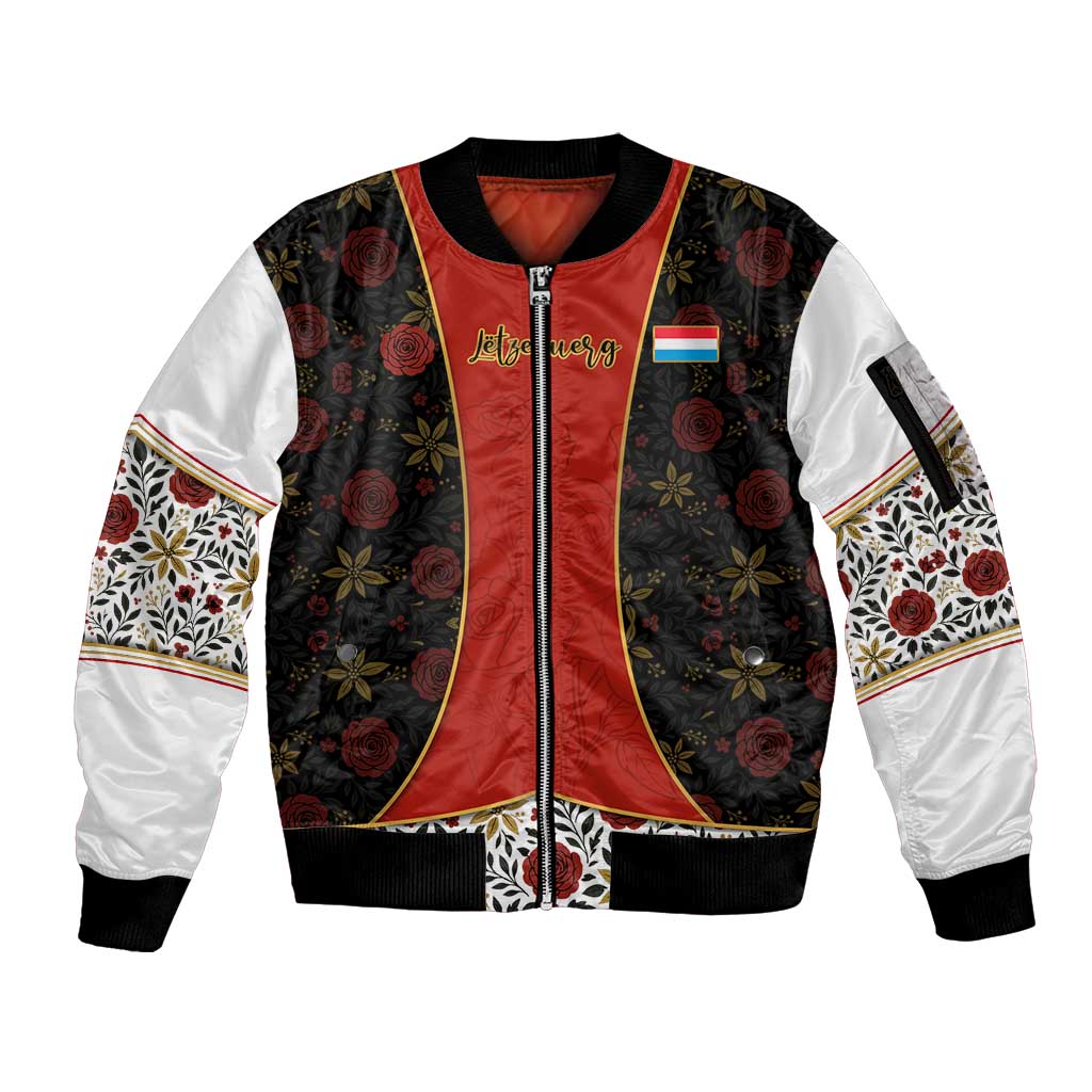 Luxembourg Sleeve Zip Bomber Jacket with Floral Folk Embroidery and Red Black Pattern Design