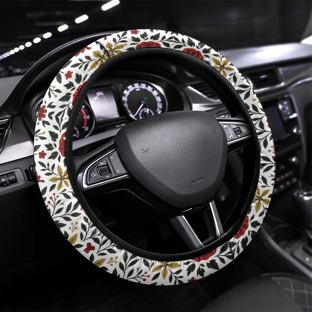Luxembourg Steering Wheel Cover with Floral Folk Embroidery and Red Black Pattern Design
