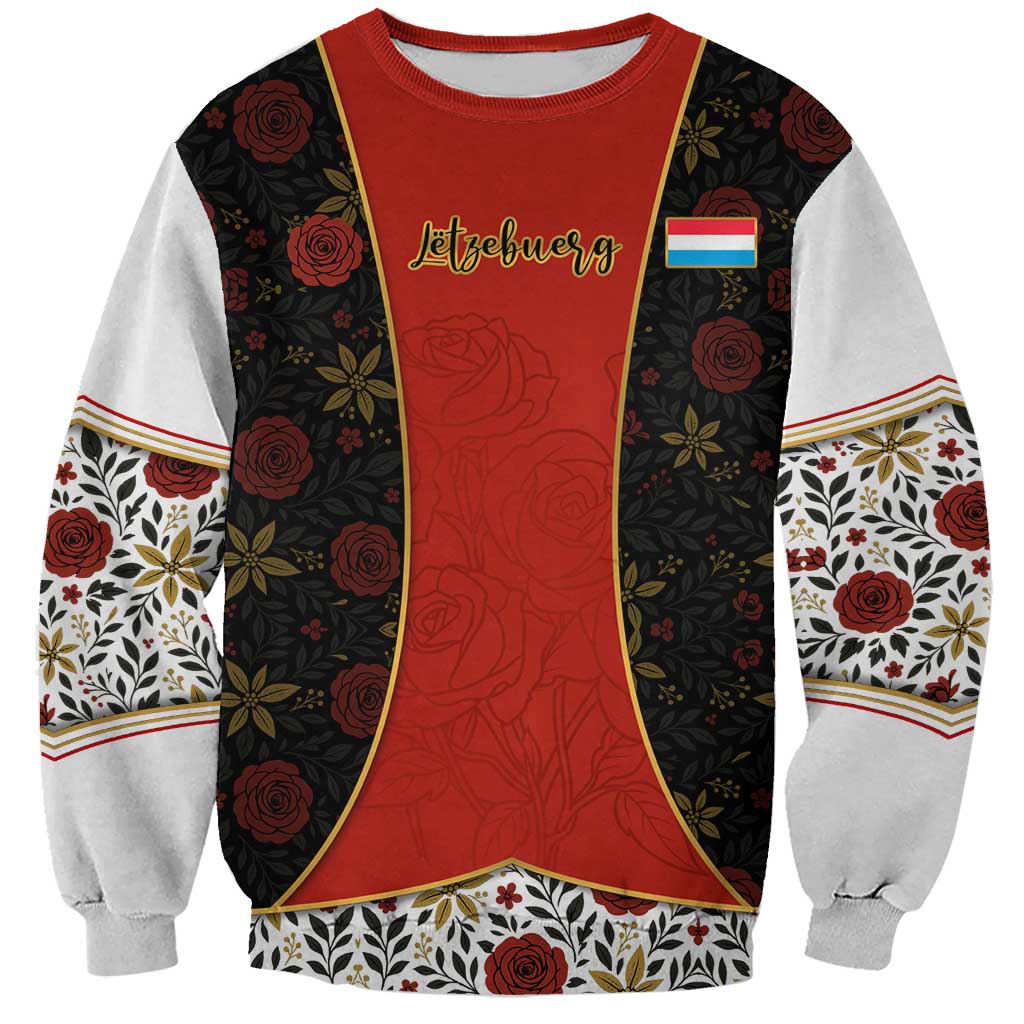 Luxembourg Sweatshirt with Floral Folk Embroidery and Red Black Pattern Design