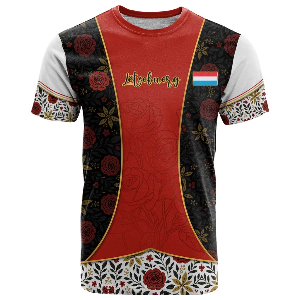 Luxembourg T Shirt with Floral Folk Embroidery and Red Black Pattern Design