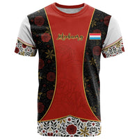 Luxembourg T Shirt with Floral Folk Embroidery and Red Black Pattern Design