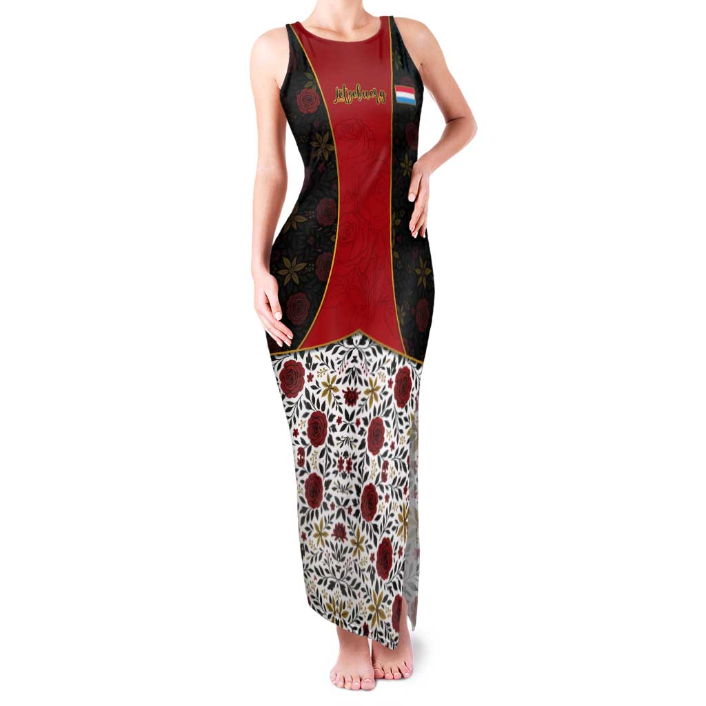 Luxembourg Tank Maxi Dress with Floral Folk Embroidery and Red Black Pattern Design