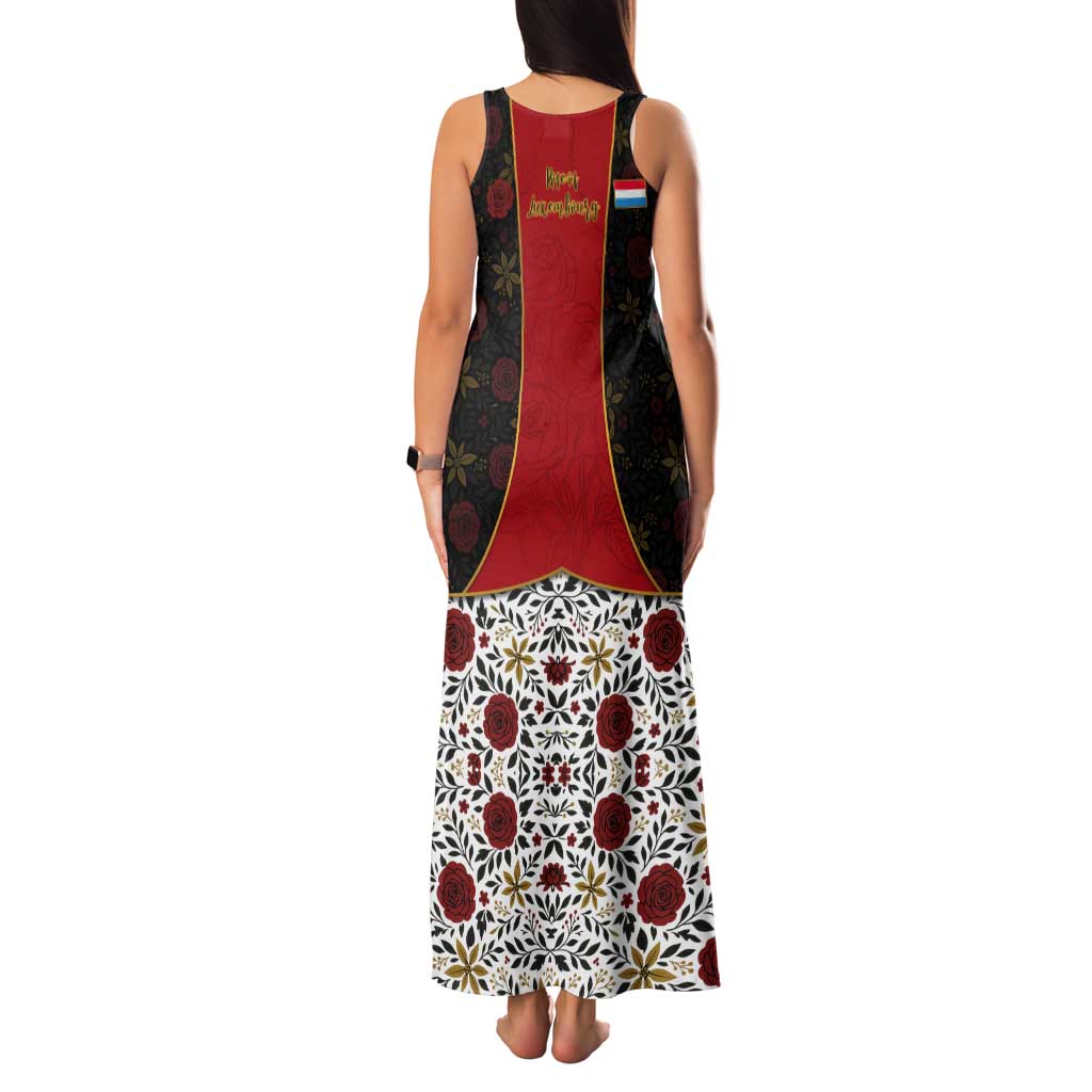 Luxembourg Tank Maxi Dress with Floral Folk Embroidery and Red Black Pattern Design