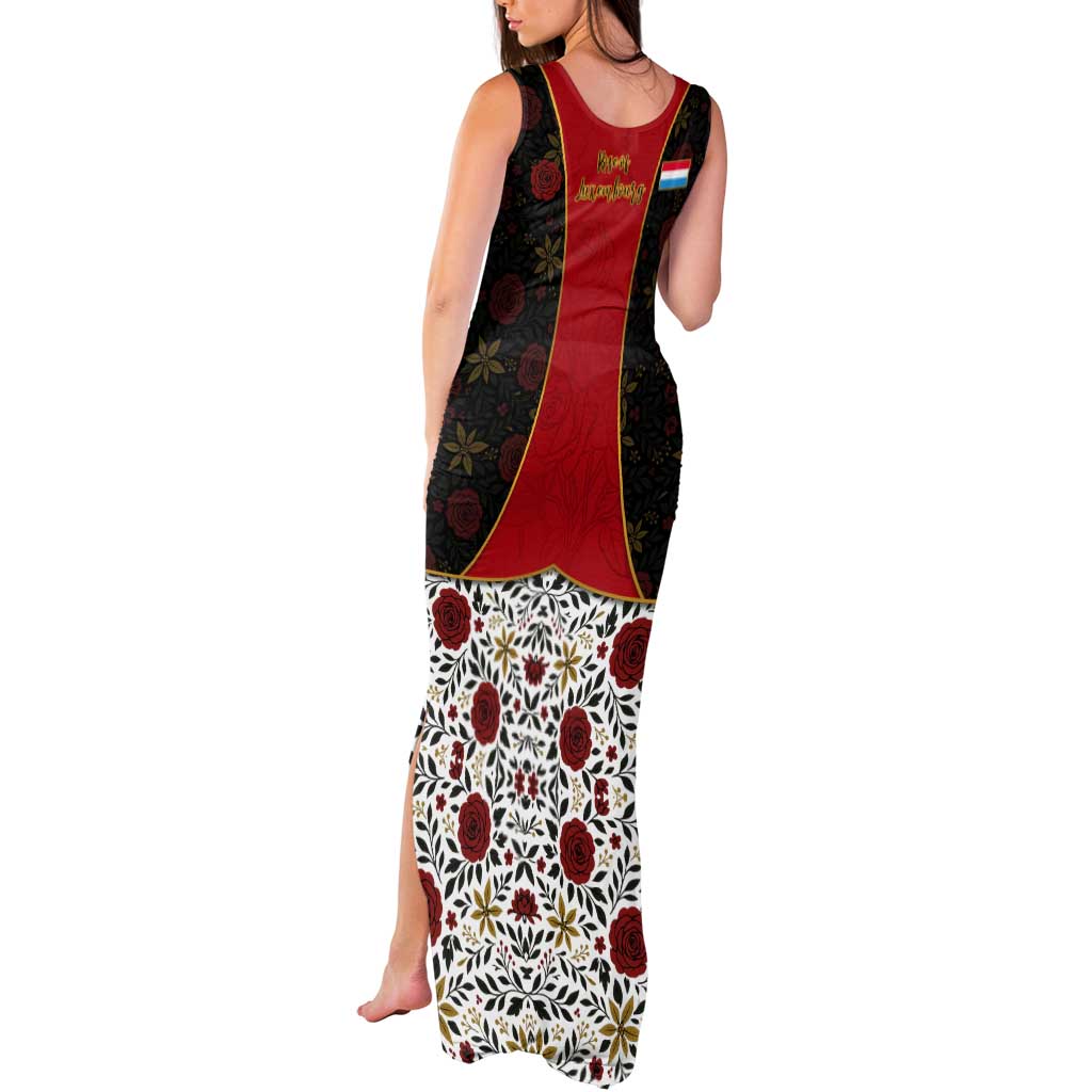 Luxembourg Tank Maxi Dress with Floral Folk Embroidery and Red Black Pattern Design
