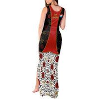 Luxembourg Tank Maxi Dress with Floral Folk Embroidery and Red Black Pattern Design
