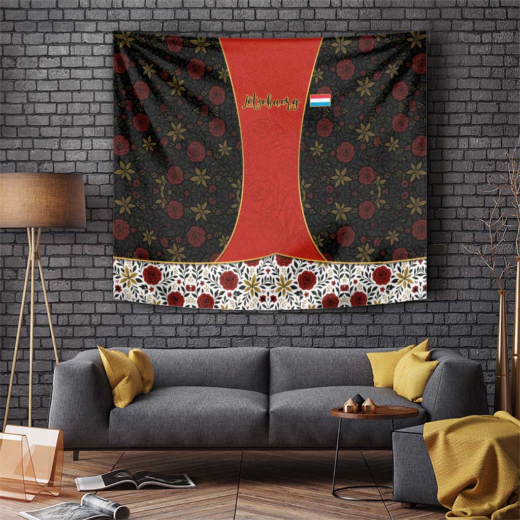 Luxembourg Tapestry with Floral Folk Embroidery and Red Black Pattern Design