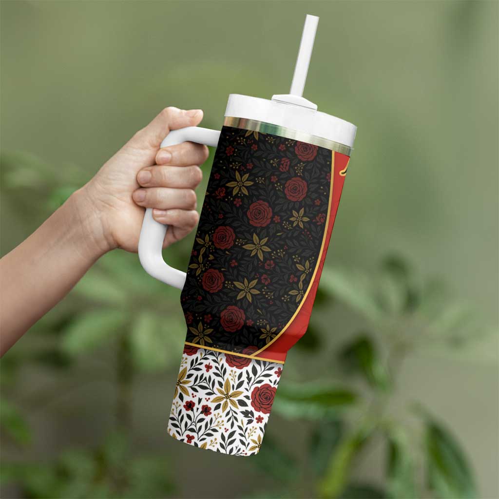 Luxembourg Tumbler With Handle with Floral Folk Embroidery and Red Black Pattern Design