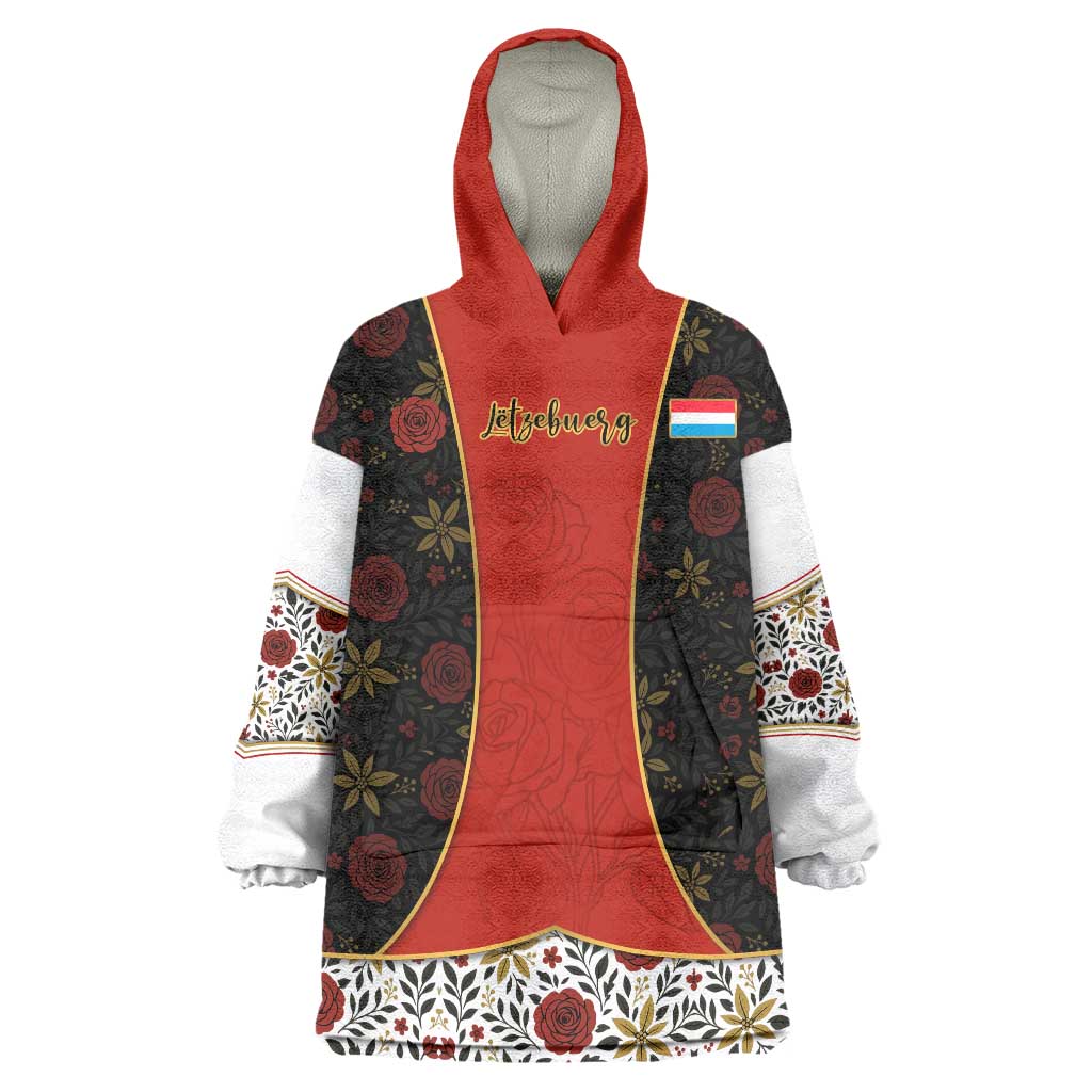 Luxembourg Wearable Blanket Hoodie with Floral Folk Embroidery and Red Black Pattern Design