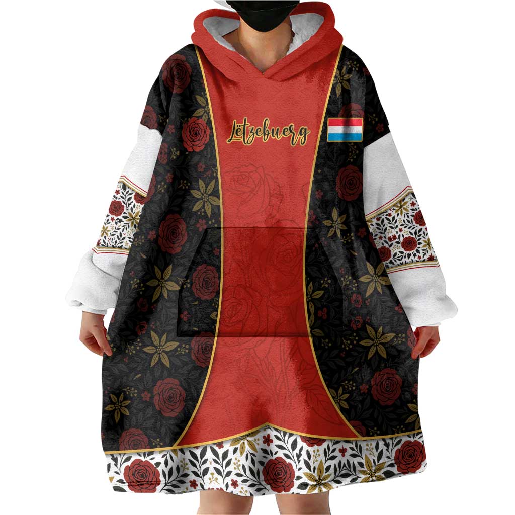 Luxembourg Wearable Blanket Hoodie with Floral Folk Embroidery and Red Black Pattern Design