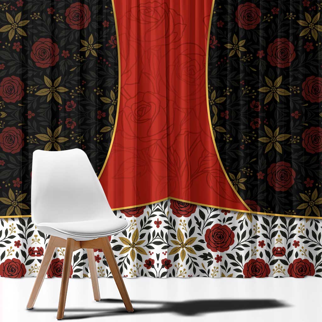 Luxembourg Window Curtain with Floral Folk Embroidery and Red Black Pattern Design