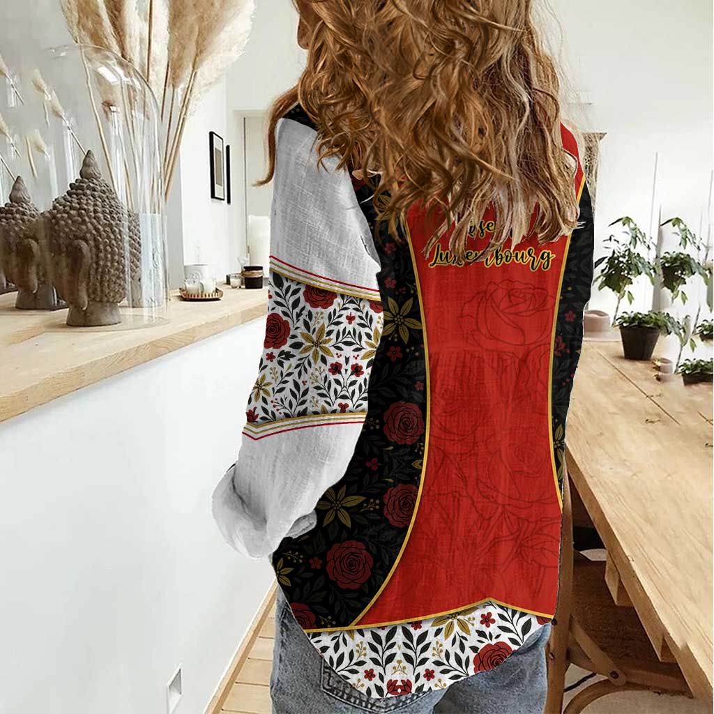 Luxembourg Women Casual Shirt with Floral Folk Embroidery and Red Black Pattern Design