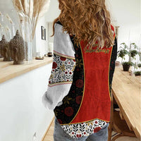 Luxembourg Women Casual Shirt with Floral Folk Embroidery and Red Black Pattern Design