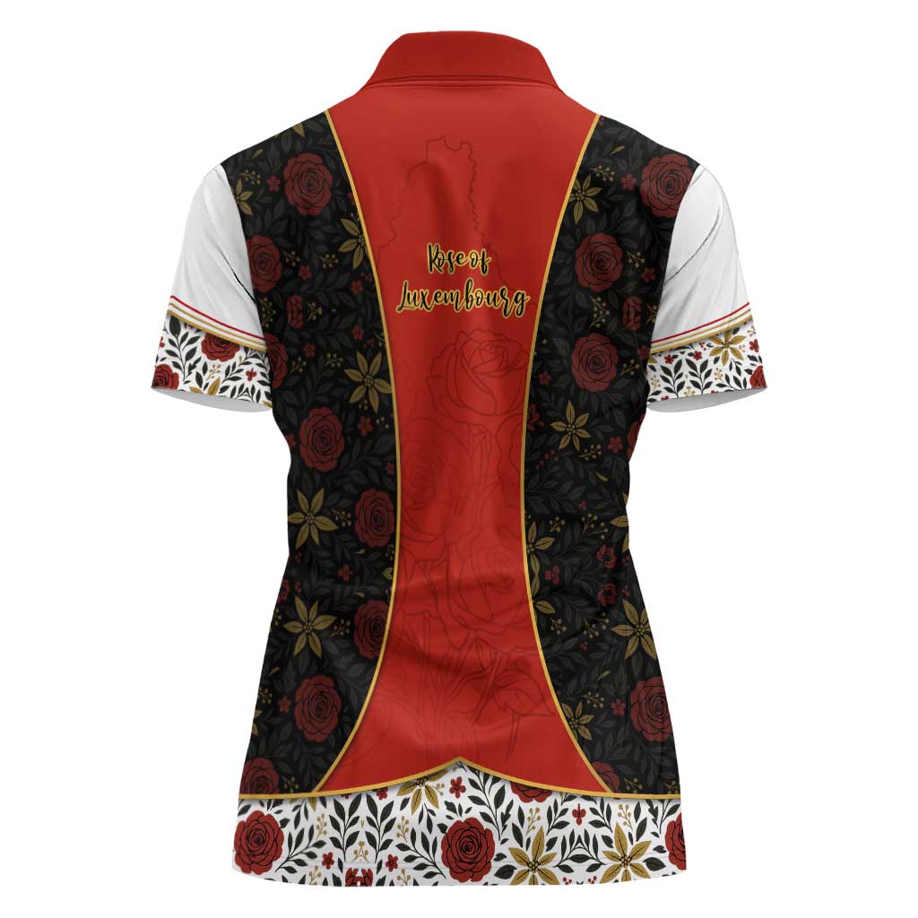 Luxembourg Women Polo Shirt with Floral Folk Embroidery and Red Black Pattern Design