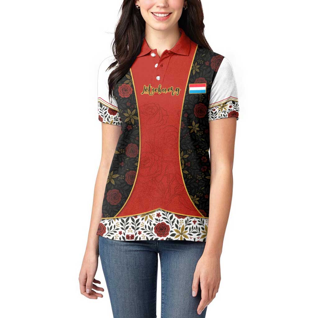 Luxembourg Women Polo Shirt with Floral Folk Embroidery and Red Black Pattern Design