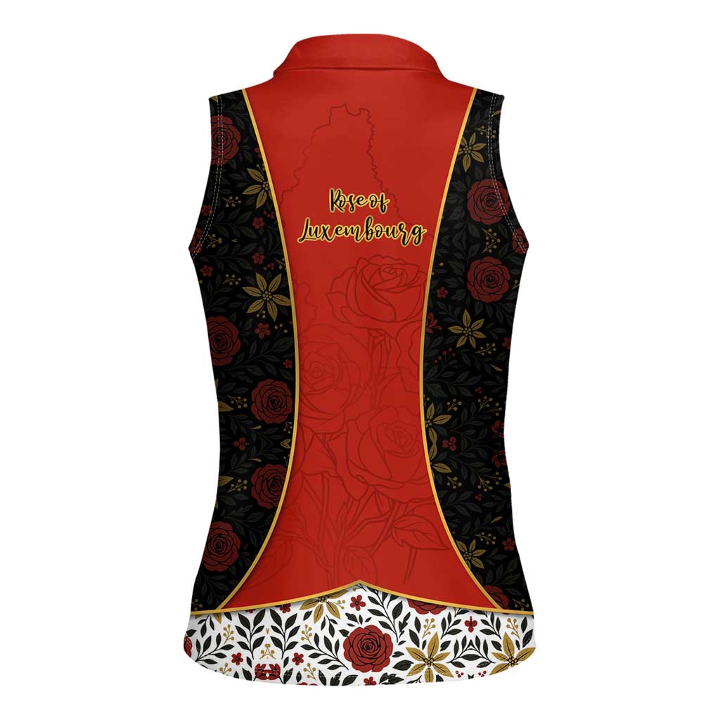 Luxembourg Women Sleeveless Polo Shirt with Floral Folk Embroidery and Red Black Pattern Design