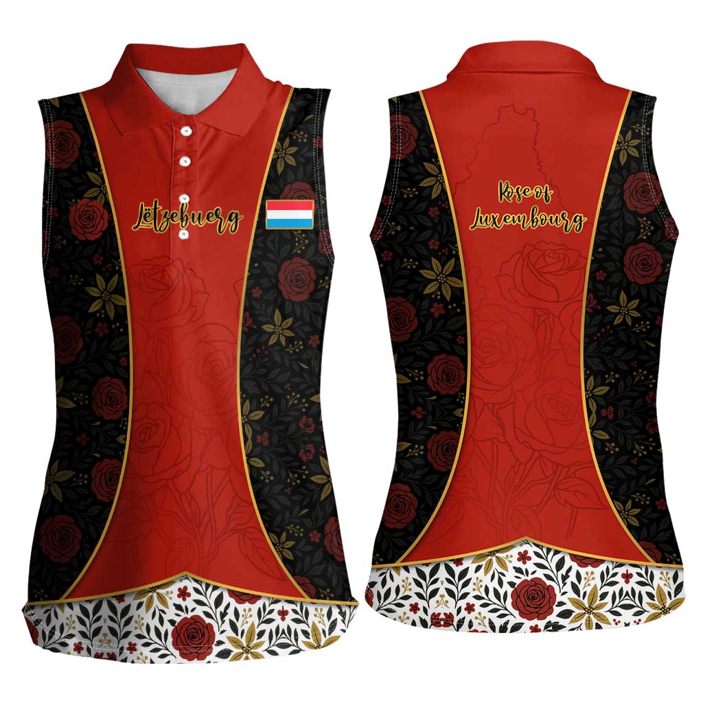 Luxembourg Women Sleeveless Polo Shirt with Floral Folk Embroidery and Red Black Pattern Design