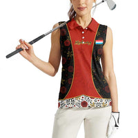 Luxembourg Women Sleeveless Polo Shirt with Floral Folk Embroidery and Red Black Pattern Design