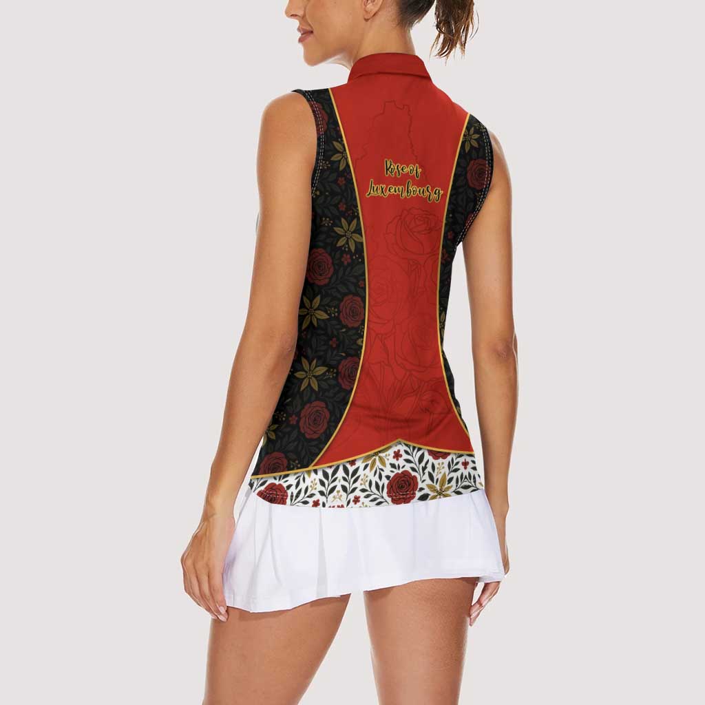 Luxembourg Women Sleeveless Polo Shirt with Floral Folk Embroidery and Red Black Pattern Design