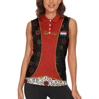 Luxembourg Women Sleeveless Polo Shirt with Floral Folk Embroidery and Red Black Pattern Design